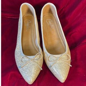Candies Womens 7 Champagne Gold Glitter Pointed Toe Ballet Flats Bow CABOLEROMET